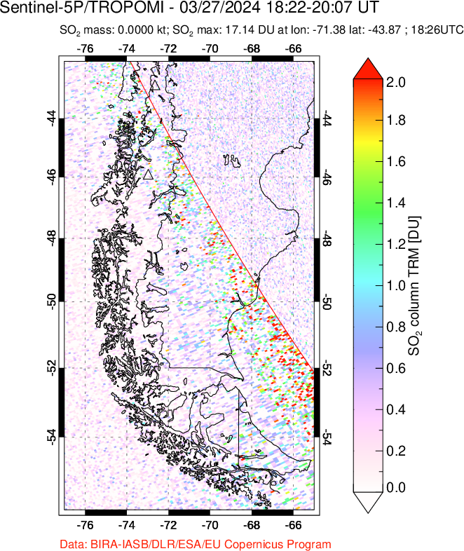 A sulfur dioxide image over Southern Chile on Mar 27, 2024.