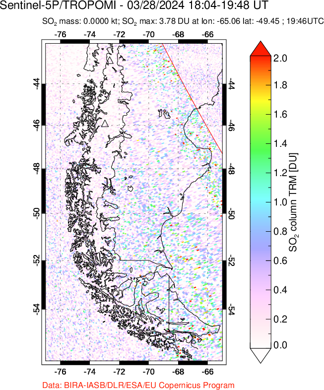 A sulfur dioxide image over Southern Chile on Mar 28, 2024.