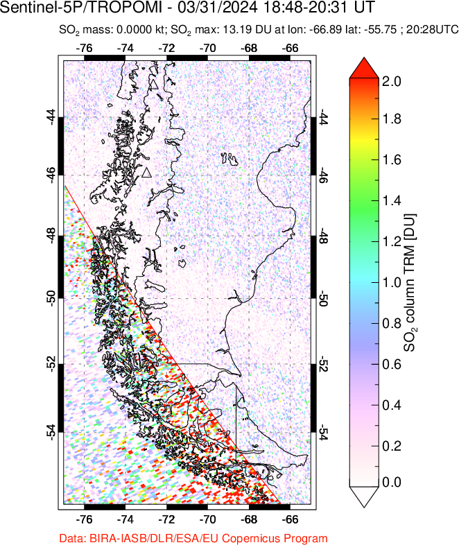 A sulfur dioxide image over Southern Chile on Mar 31, 2024.