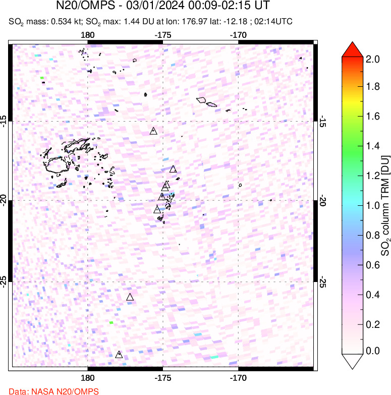 A sulfur dioxide image over Tonga, South Pacific on Mar 01, 2024.