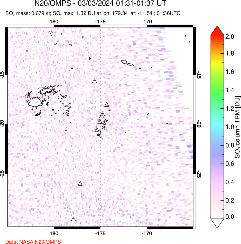 A sulfur dioxide image over Tonga, South Pacific on Mar 03, 2024.