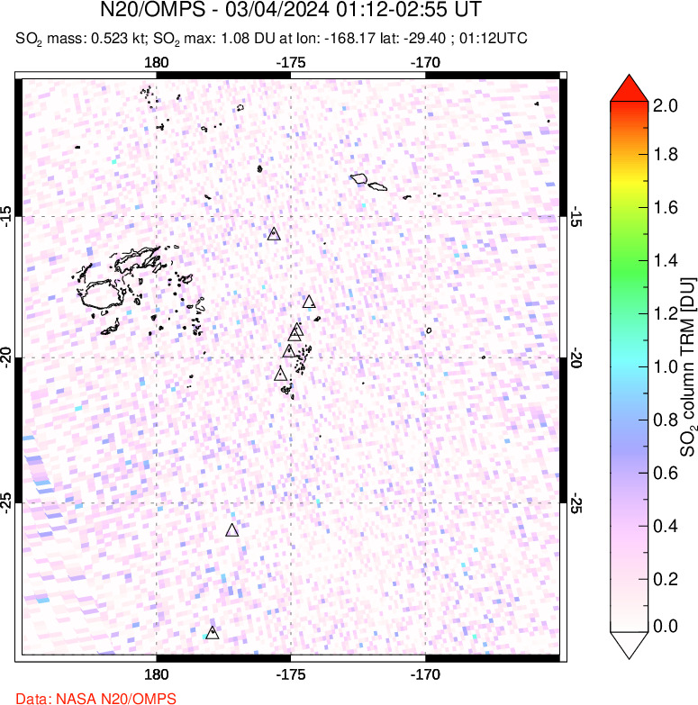 A sulfur dioxide image over Tonga, South Pacific on Mar 04, 2024.