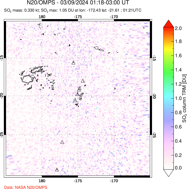 A sulfur dioxide image over Tonga, South Pacific on Mar 09, 2024.