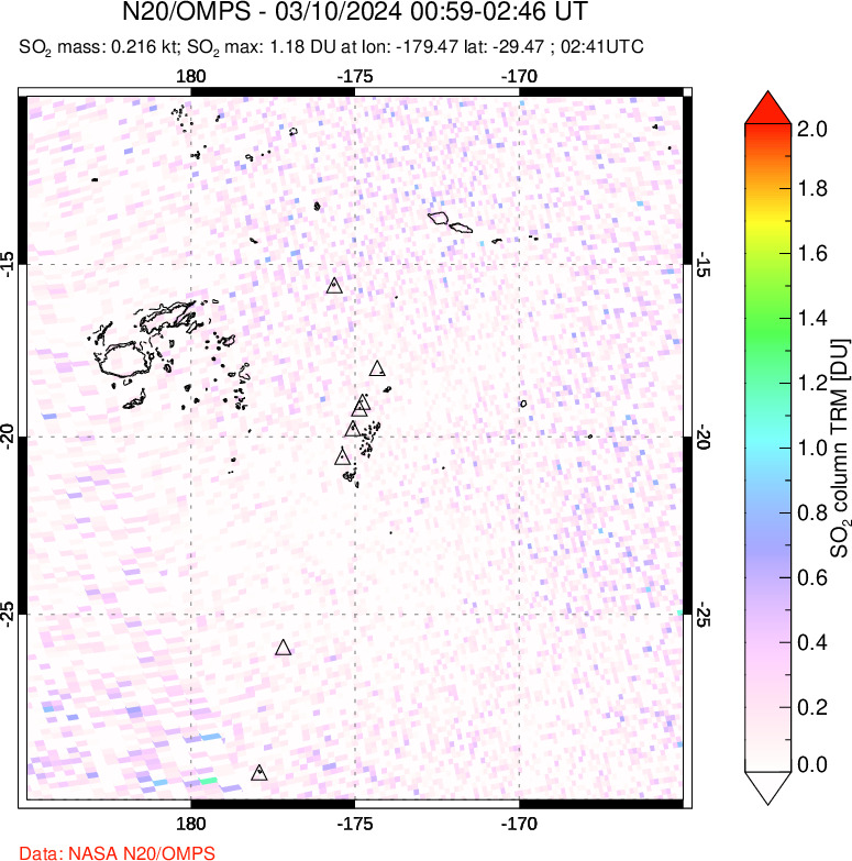 A sulfur dioxide image over Tonga, South Pacific on Mar 10, 2024.