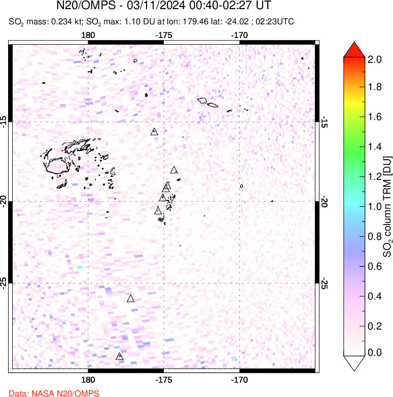 A sulfur dioxide image over Tonga, South Pacific on Mar 11, 2024.