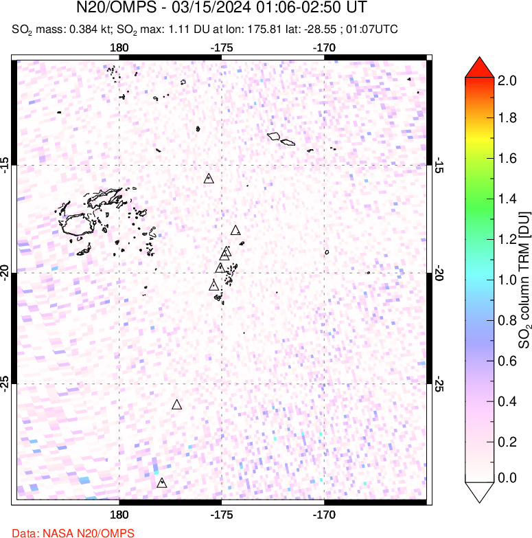 A sulfur dioxide image over Tonga, South Pacific on Mar 15, 2024.