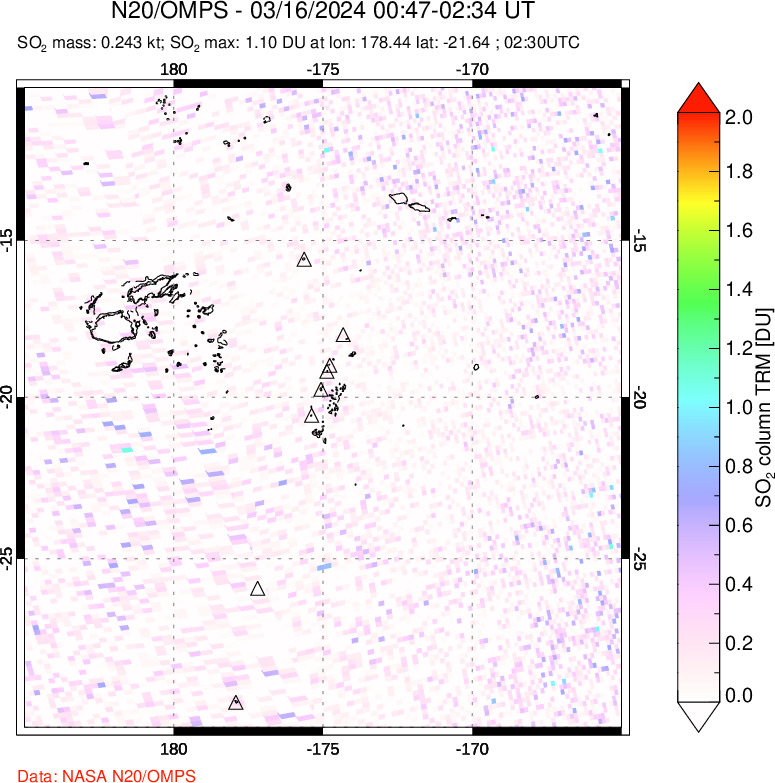 A sulfur dioxide image over Tonga, South Pacific on Mar 16, 2024.