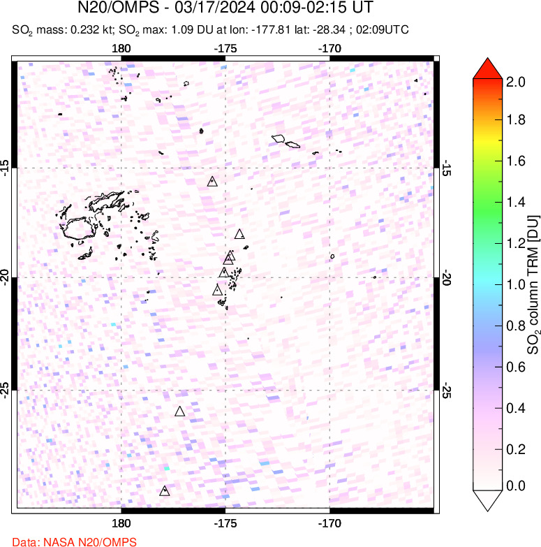 A sulfur dioxide image over Tonga, South Pacific on Mar 17, 2024.