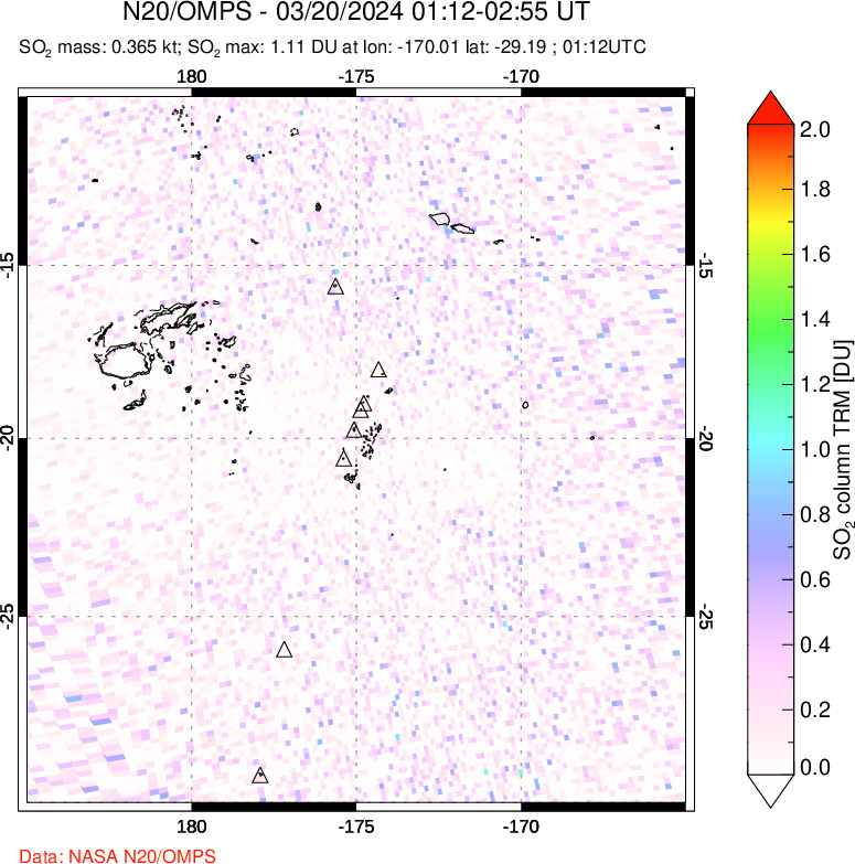 A sulfur dioxide image over Tonga, South Pacific on Mar 20, 2024.