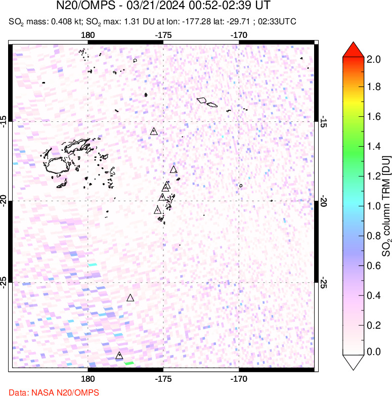 A sulfur dioxide image over Tonga, South Pacific on Mar 21, 2024.