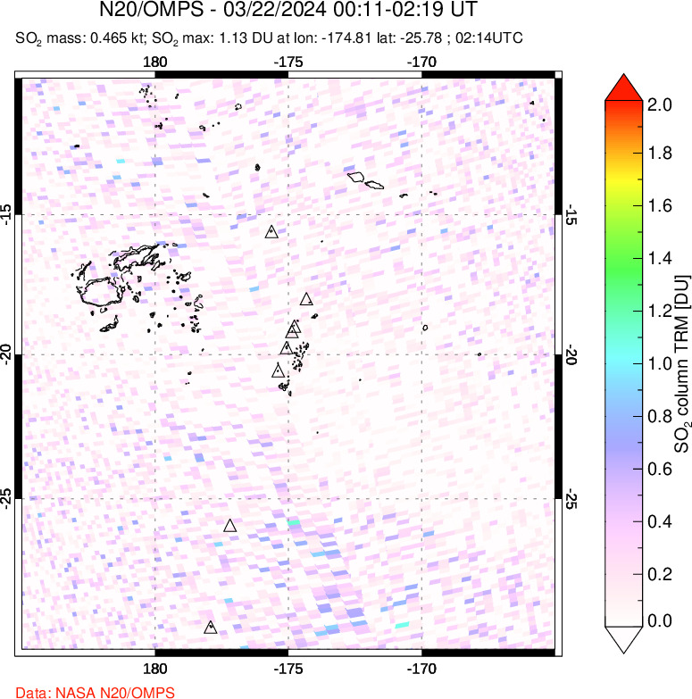 A sulfur dioxide image over Tonga, South Pacific on Mar 22, 2024.