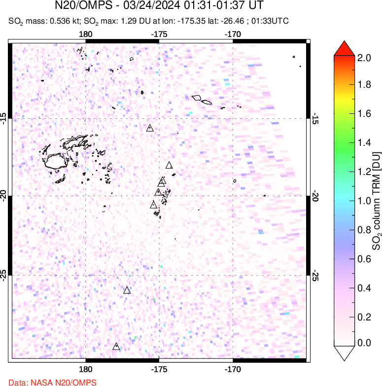 A sulfur dioxide image over Tonga, South Pacific on Mar 24, 2024.