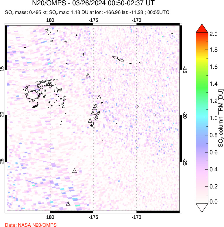 A sulfur dioxide image over Tonga, South Pacific on Mar 26, 2024.