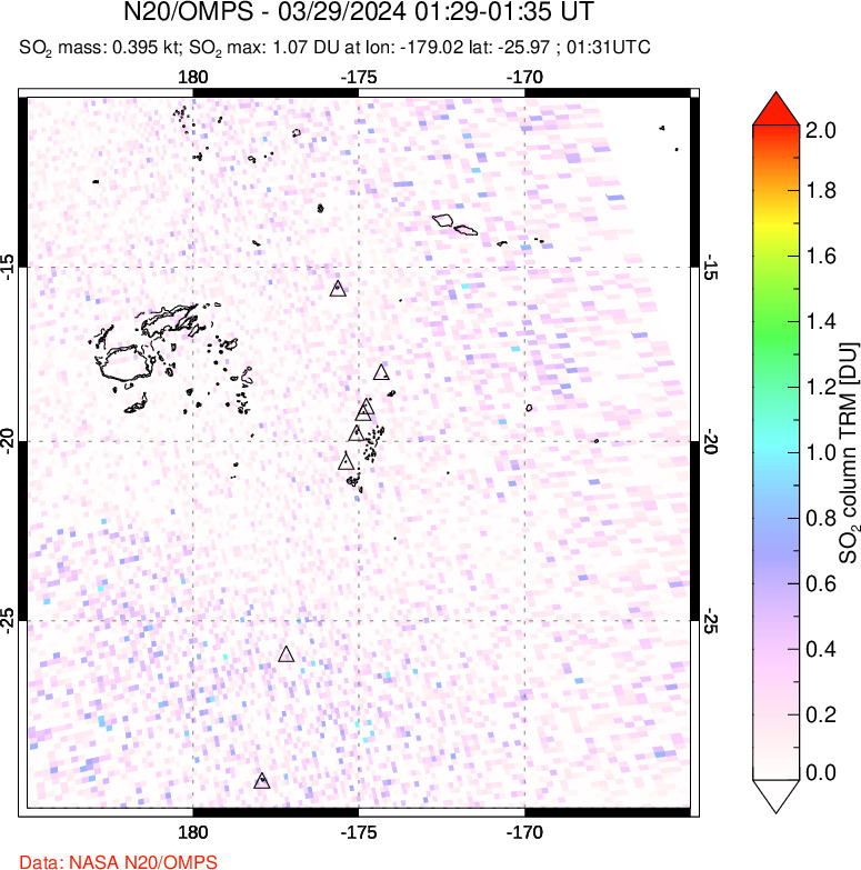 A sulfur dioxide image over Tonga, South Pacific on Mar 29, 2024.