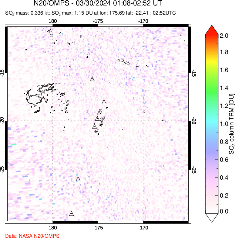 A sulfur dioxide image over Tonga, South Pacific on Mar 30, 2024.