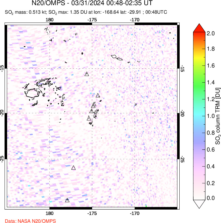 A sulfur dioxide image over Tonga, South Pacific on Mar 31, 2024.