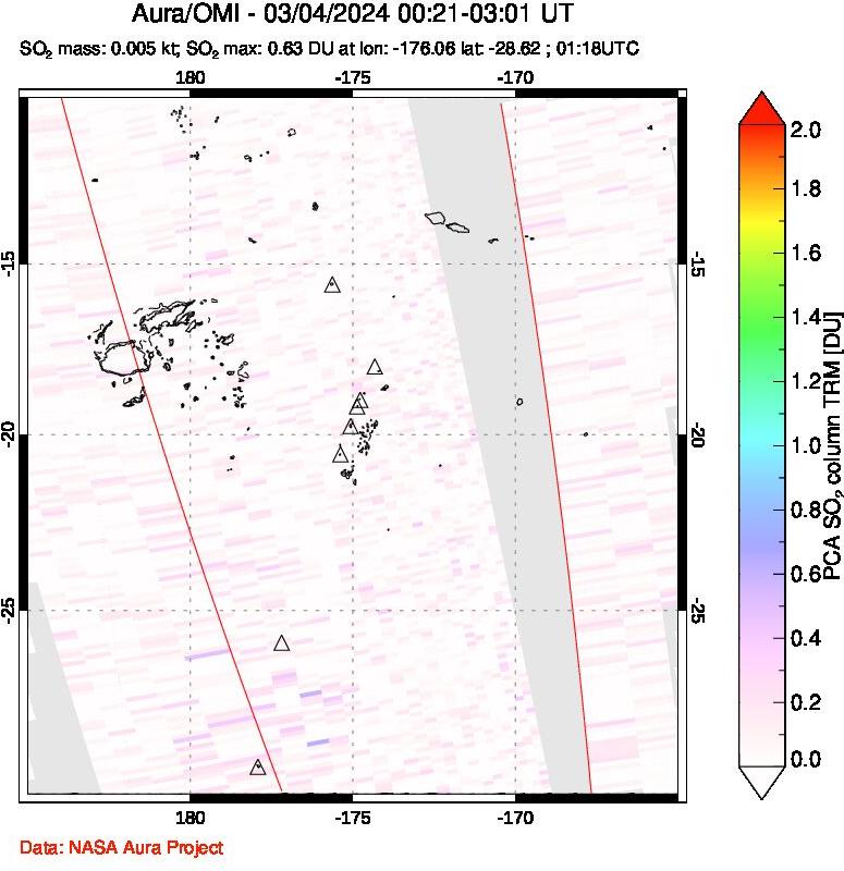 A sulfur dioxide image over Tonga, South Pacific on Mar 04, 2024.