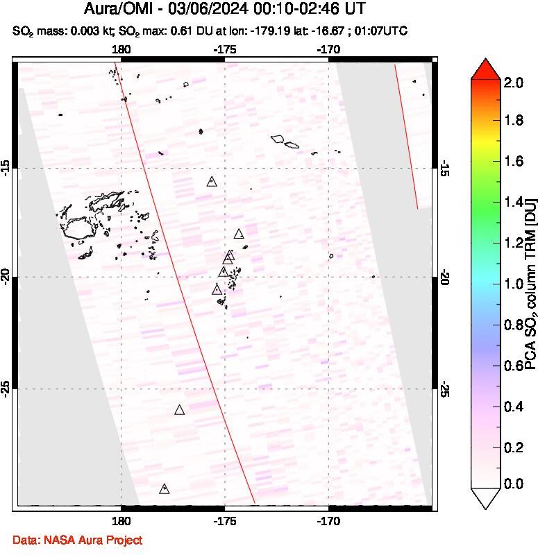 A sulfur dioxide image over Tonga, South Pacific on Mar 06, 2024.