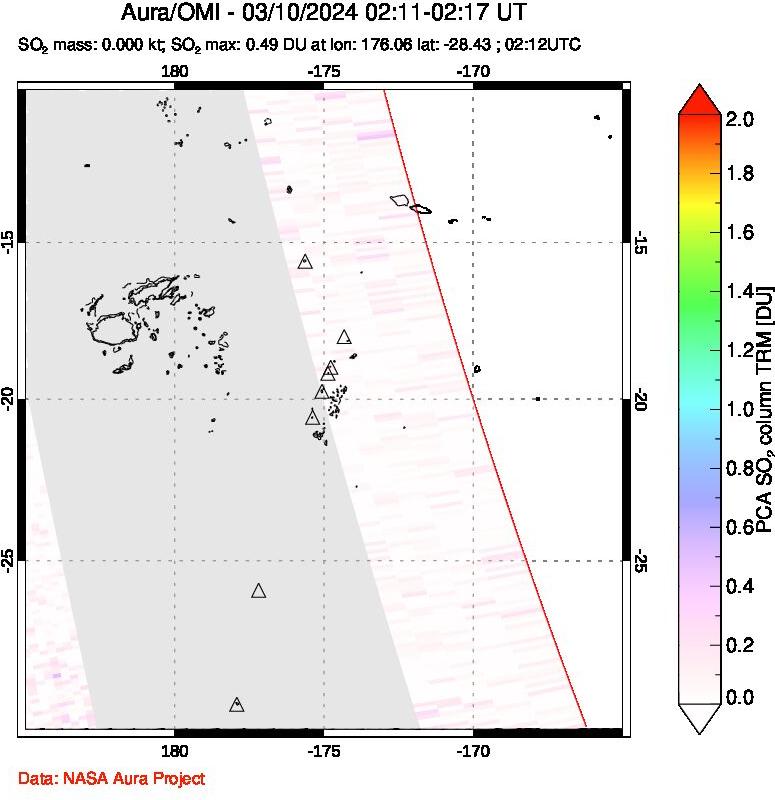 A sulfur dioxide image over Tonga, South Pacific on Mar 10, 2024.