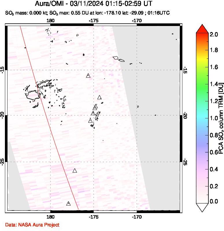 A sulfur dioxide image over Tonga, South Pacific on Mar 11, 2024.