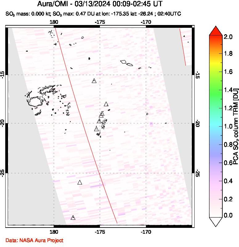 A sulfur dioxide image over Tonga, South Pacific on Mar 13, 2024.