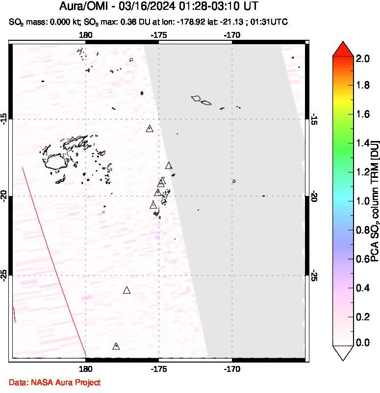 A sulfur dioxide image over Tonga, South Pacific on Mar 16, 2024.