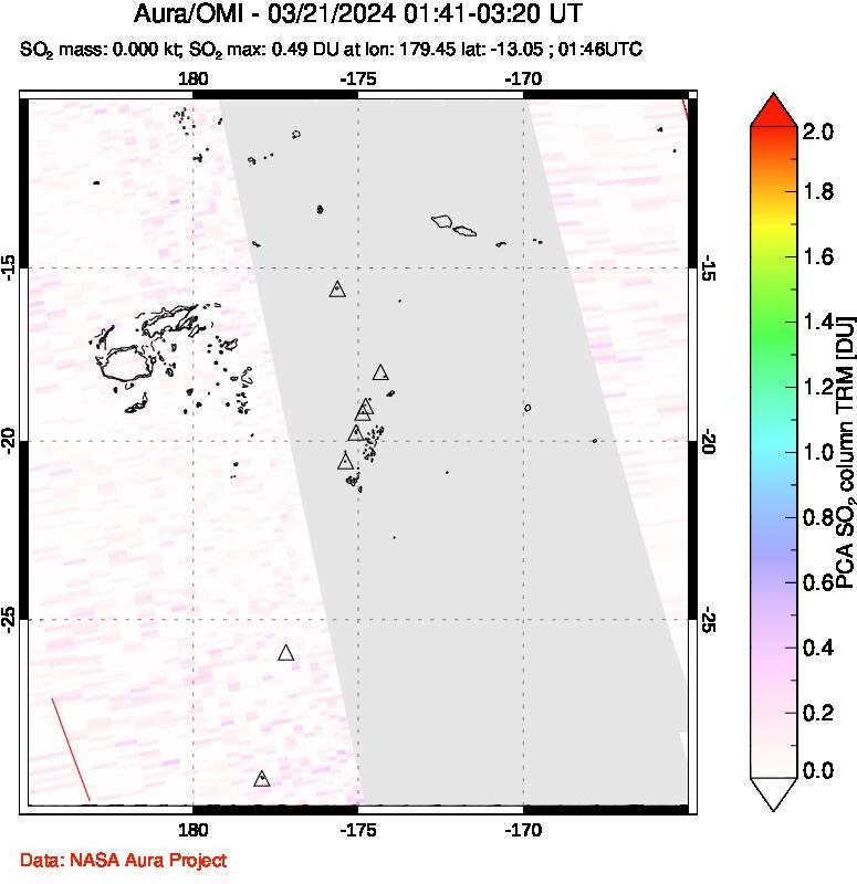 A sulfur dioxide image over Tonga, South Pacific on Mar 21, 2024.