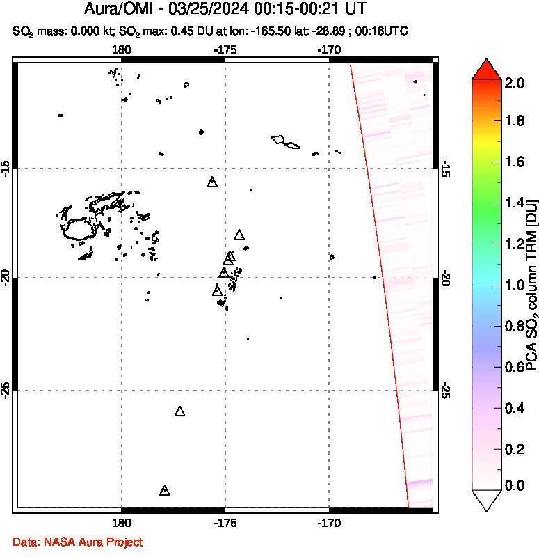 A sulfur dioxide image over Tonga, South Pacific on Mar 25, 2024.