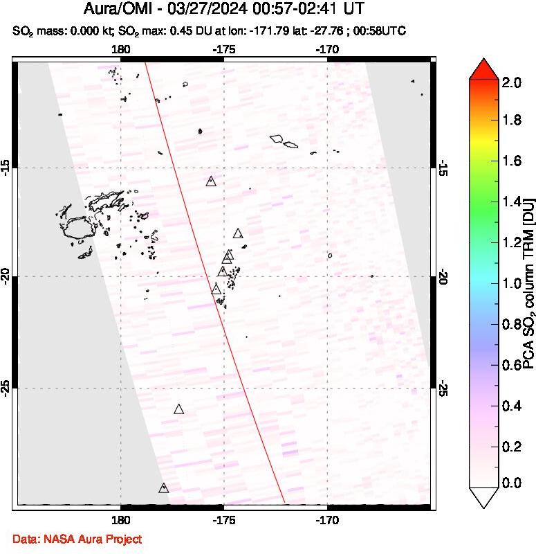 A sulfur dioxide image over Tonga, South Pacific on Mar 27, 2024.