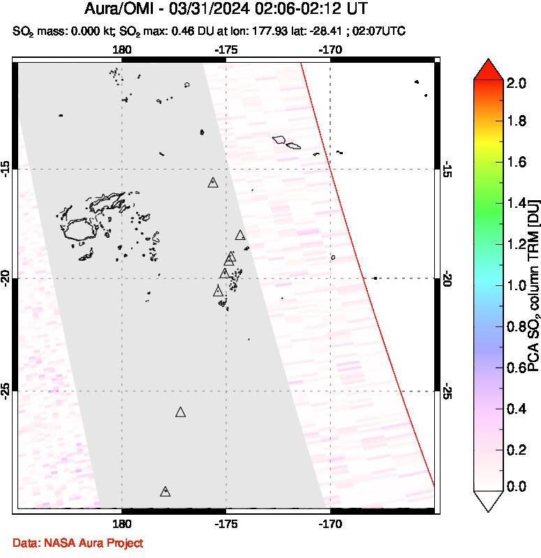 A sulfur dioxide image over Tonga, South Pacific on Mar 31, 2024.