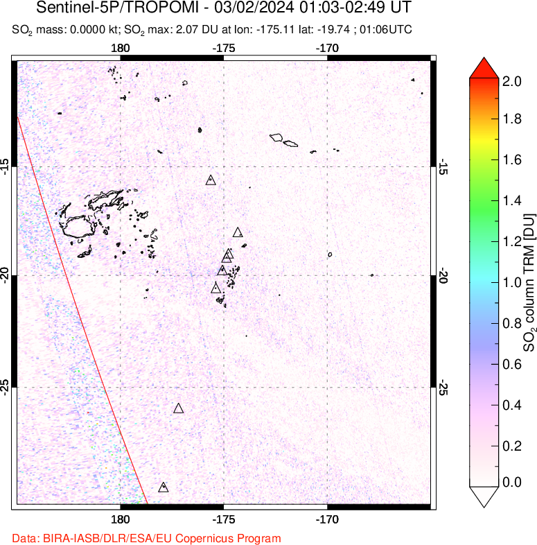 A sulfur dioxide image over Tonga, South Pacific on Mar 02, 2024.