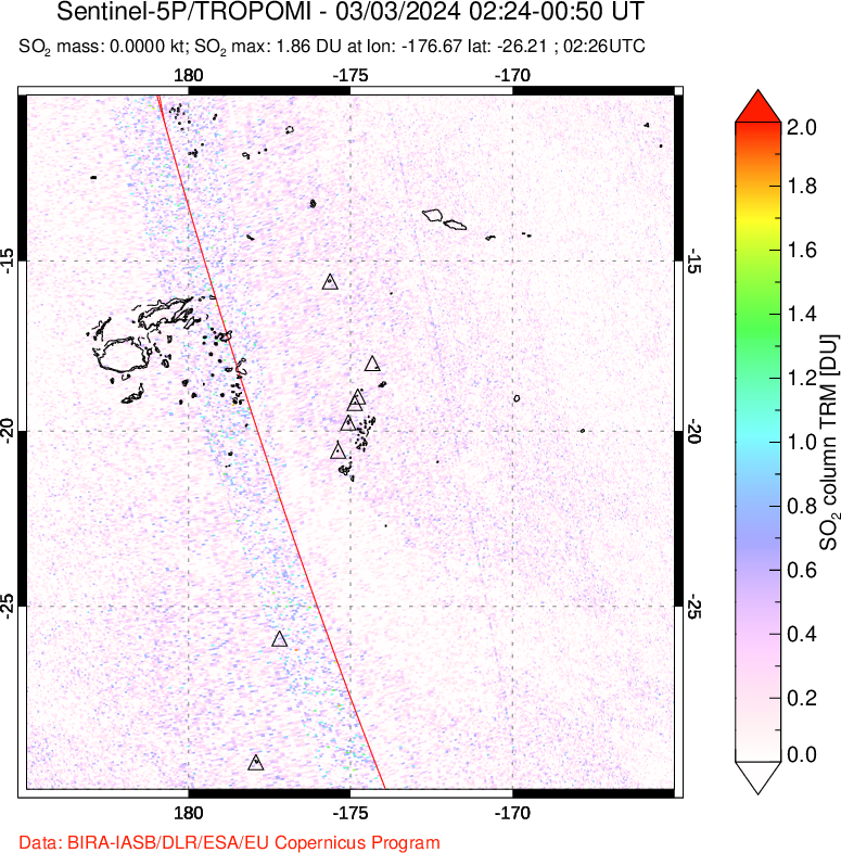 A sulfur dioxide image over Tonga, South Pacific on Mar 03, 2024.