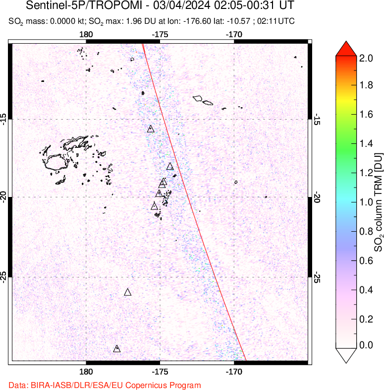 A sulfur dioxide image over Tonga, South Pacific on Mar 04, 2024.