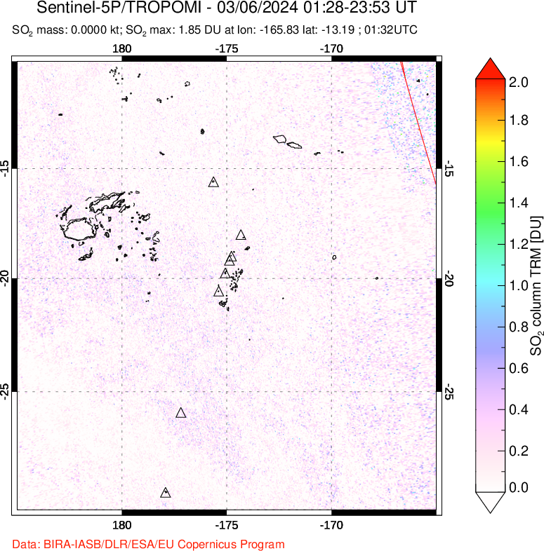 A sulfur dioxide image over Tonga, South Pacific on Mar 06, 2024.