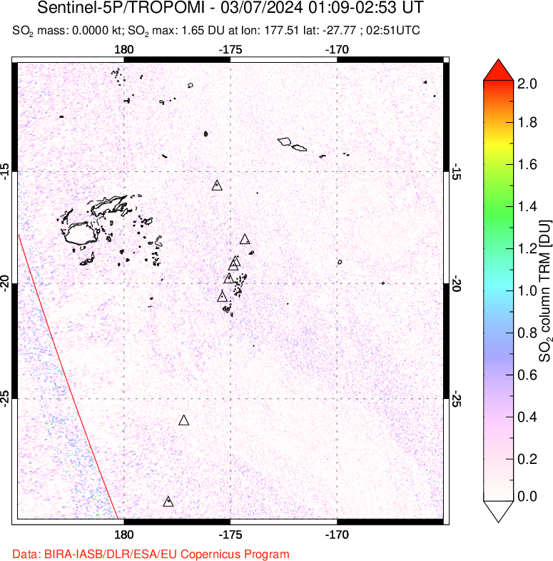 A sulfur dioxide image over Tonga, South Pacific on Mar 07, 2024.