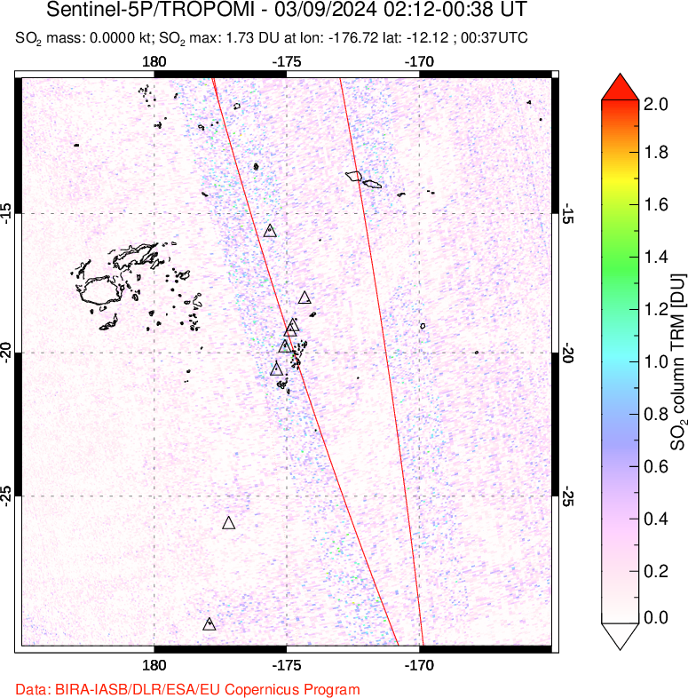 A sulfur dioxide image over Tonga, South Pacific on Mar 09, 2024.