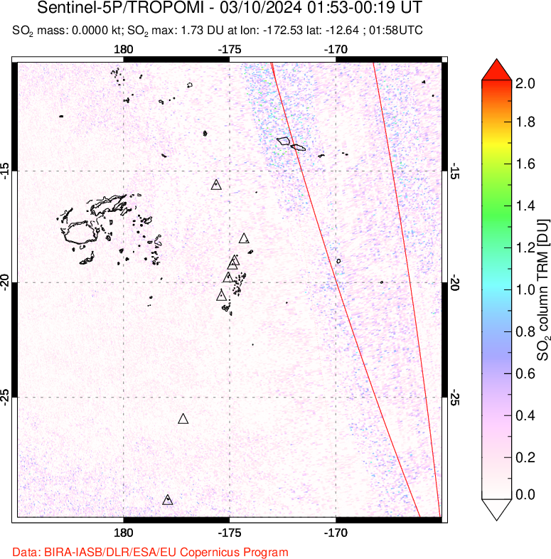 A sulfur dioxide image over Tonga, South Pacific on Mar 10, 2024.