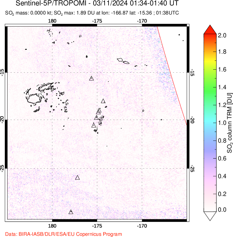 A sulfur dioxide image over Tonga, South Pacific on Mar 11, 2024.