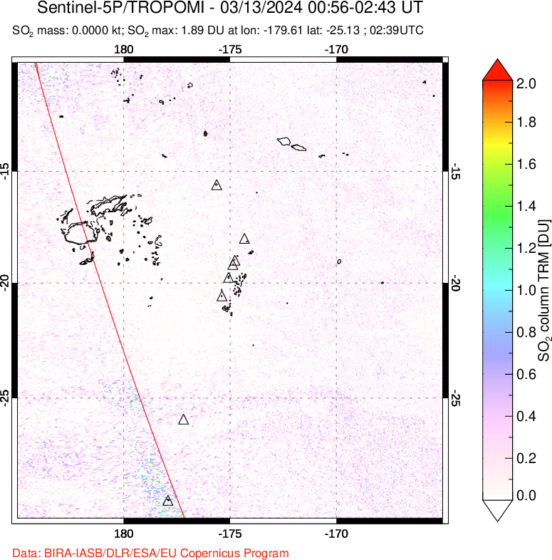 A sulfur dioxide image over Tonga, South Pacific on Mar 13, 2024.