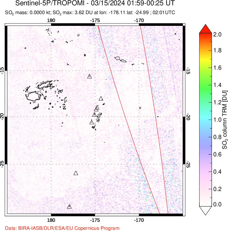 A sulfur dioxide image over Tonga, South Pacific on Mar 15, 2024.