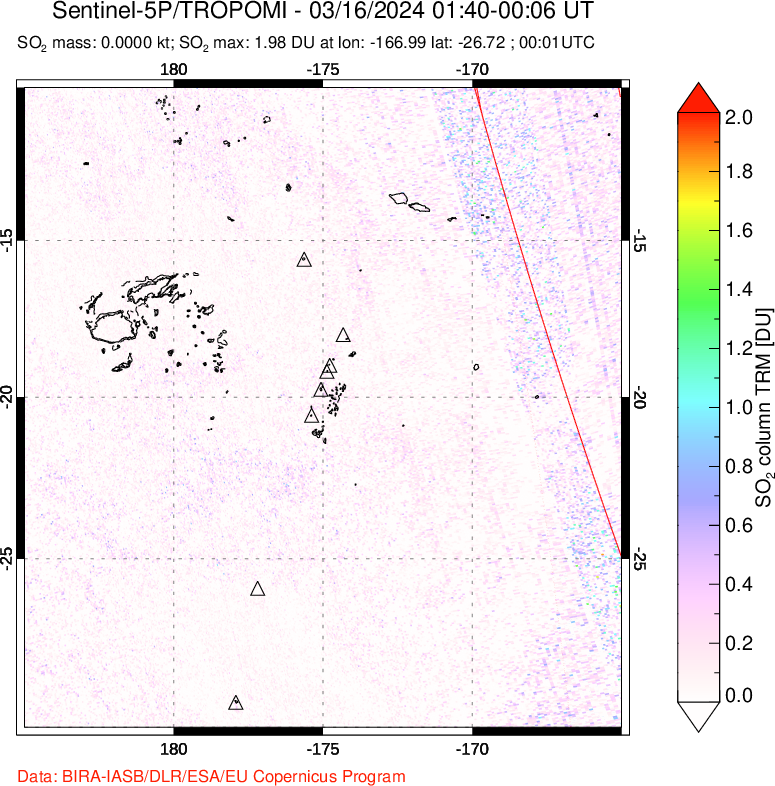 A sulfur dioxide image over Tonga, South Pacific on Mar 16, 2024.