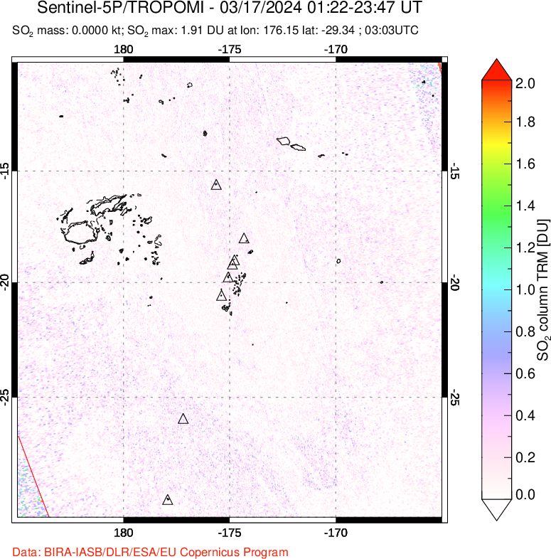 A sulfur dioxide image over Tonga, South Pacific on Mar 17, 2024.