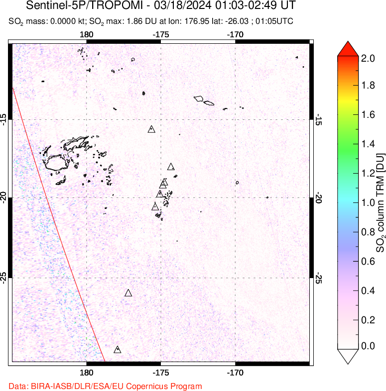 A sulfur dioxide image over Tonga, South Pacific on Mar 18, 2024.