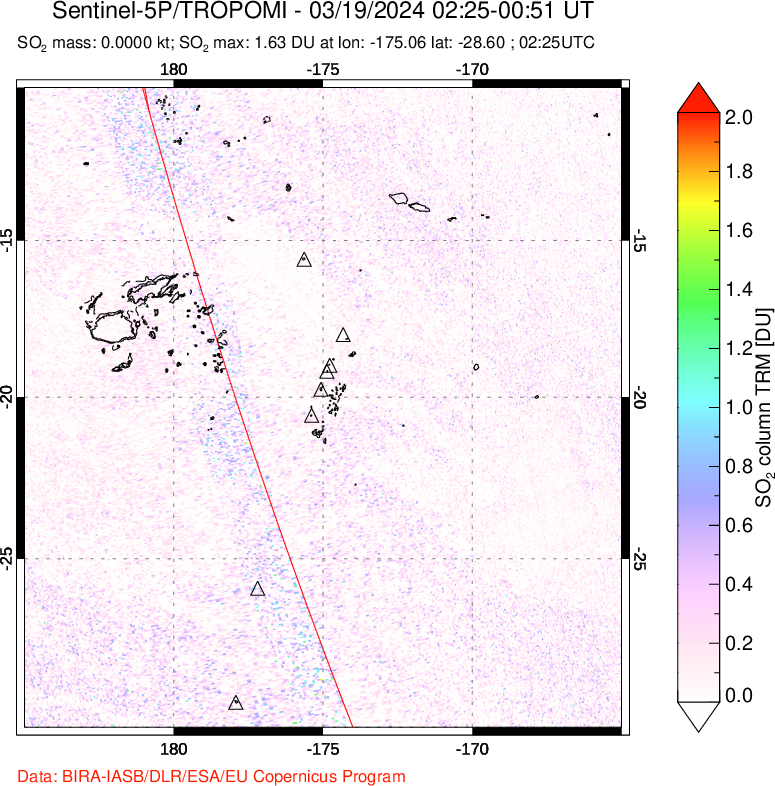 A sulfur dioxide image over Tonga, South Pacific on Mar 19, 2024.