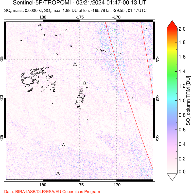 A sulfur dioxide image over Tonga, South Pacific on Mar 21, 2024.