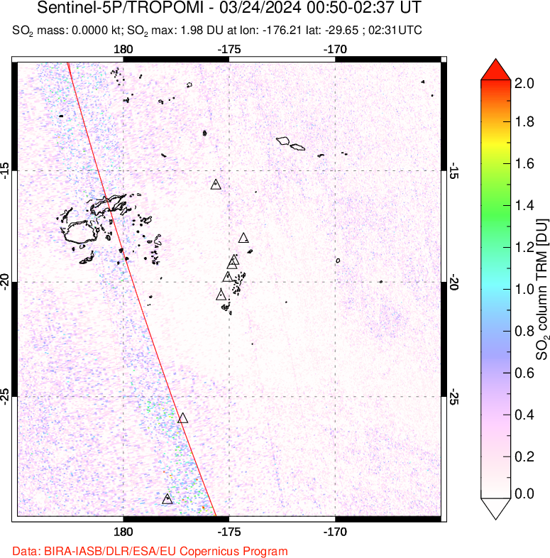 A sulfur dioxide image over Tonga, South Pacific on Mar 24, 2024.