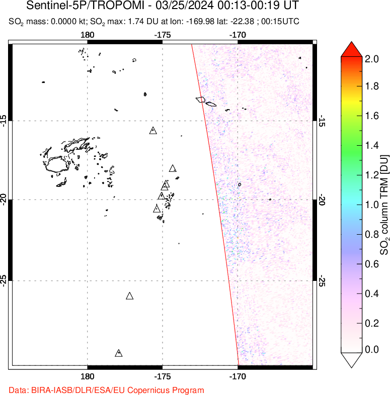 A sulfur dioxide image over Tonga, South Pacific on Mar 25, 2024.