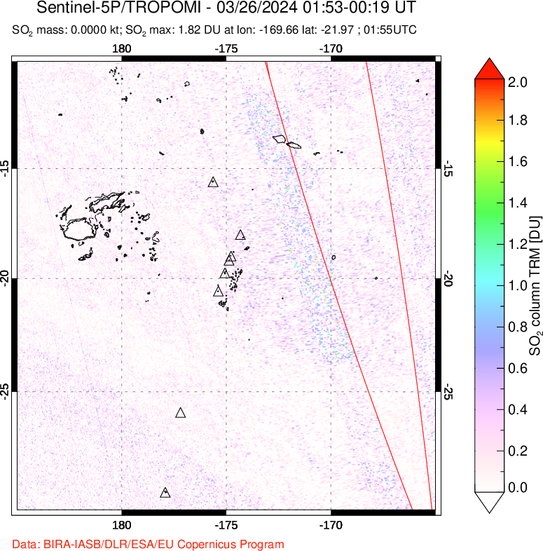 A sulfur dioxide image over Tonga, South Pacific on Mar 26, 2024.