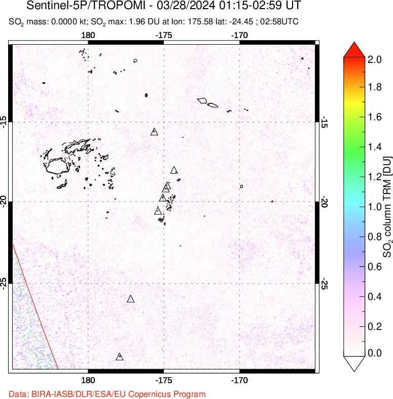 A sulfur dioxide image over Tonga, South Pacific on Mar 28, 2024.