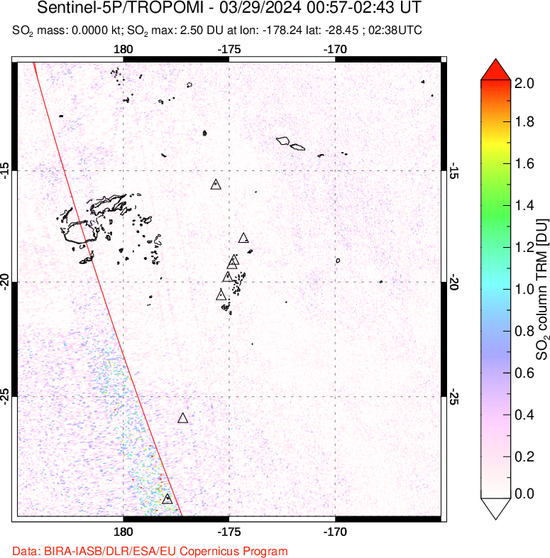 A sulfur dioxide image over Tonga, South Pacific on Mar 29, 2024.